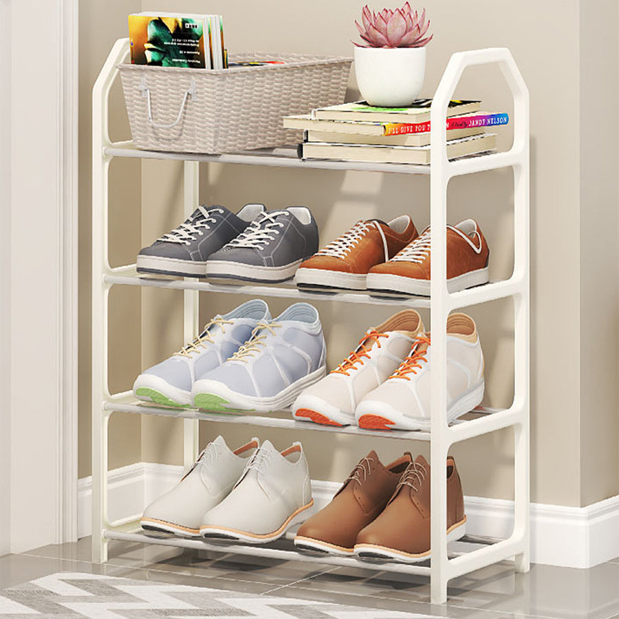 4-Tier Plastic Shoe Rack White Metal-Look Floor Mount Organizer for Bedroom Dorm