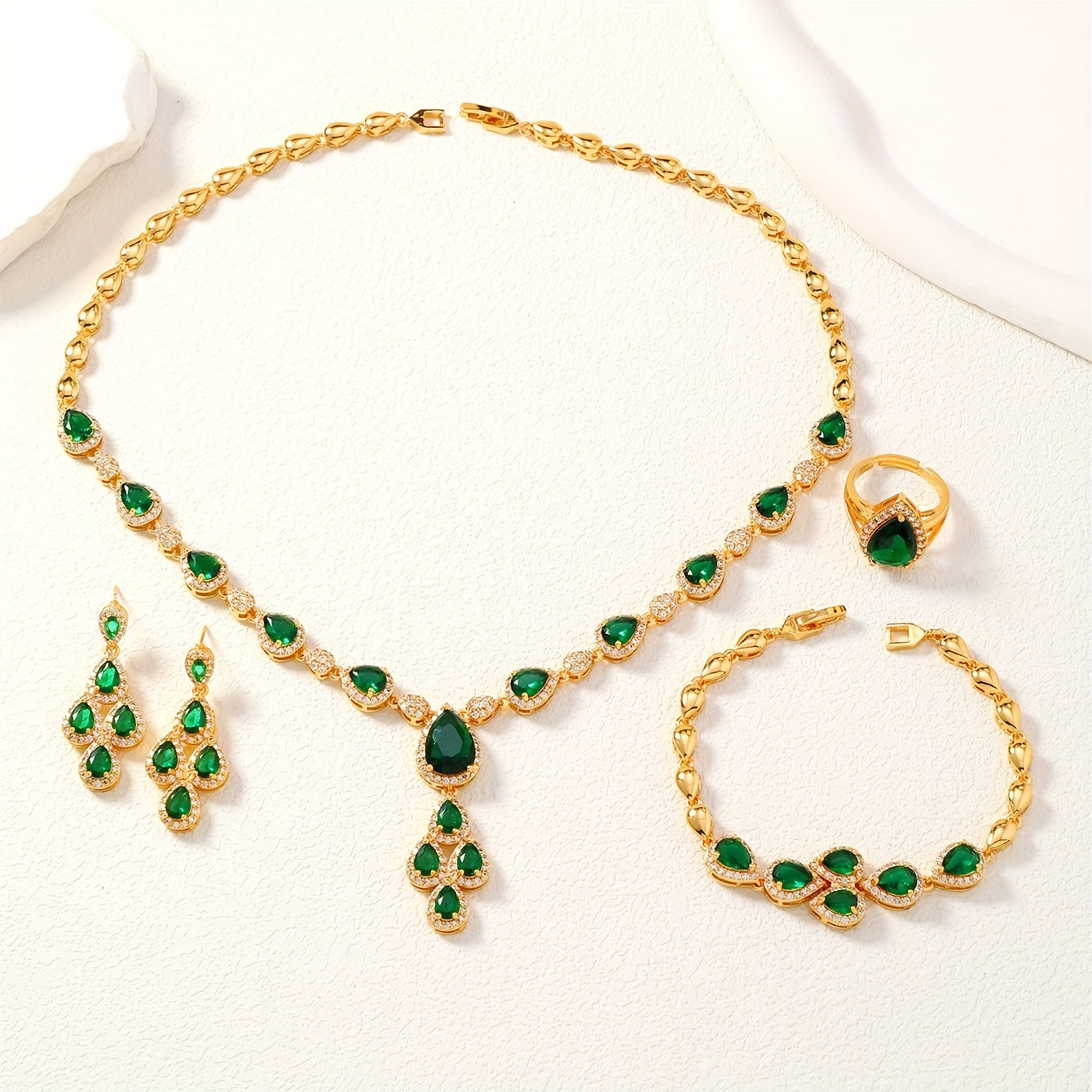 Women's Middle Eastern Jewelry Set with Green Water Drop Cubic Zirconia Necklace Bracelet Ring Earrings