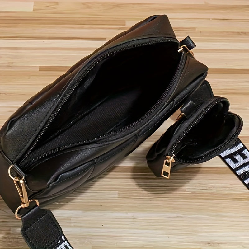 Minimalist Faux Leather Crossbody Bag with Embroidered Phone Pocket for Women Black White