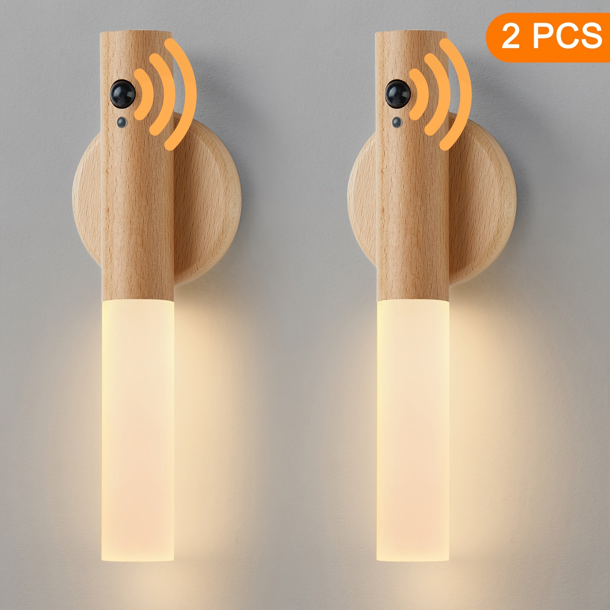 Modern Beech Wood LED Wall Sconces with Motion Sensor Rechargeable Night Lights for Bedroom Hallway