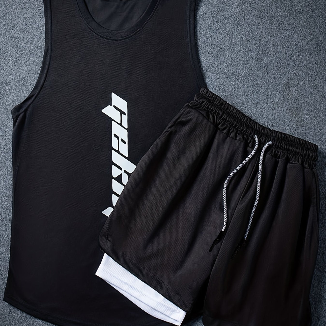Men's Polyester Basketball Outfit Letter Print Tank Top and Loose Shorts Set