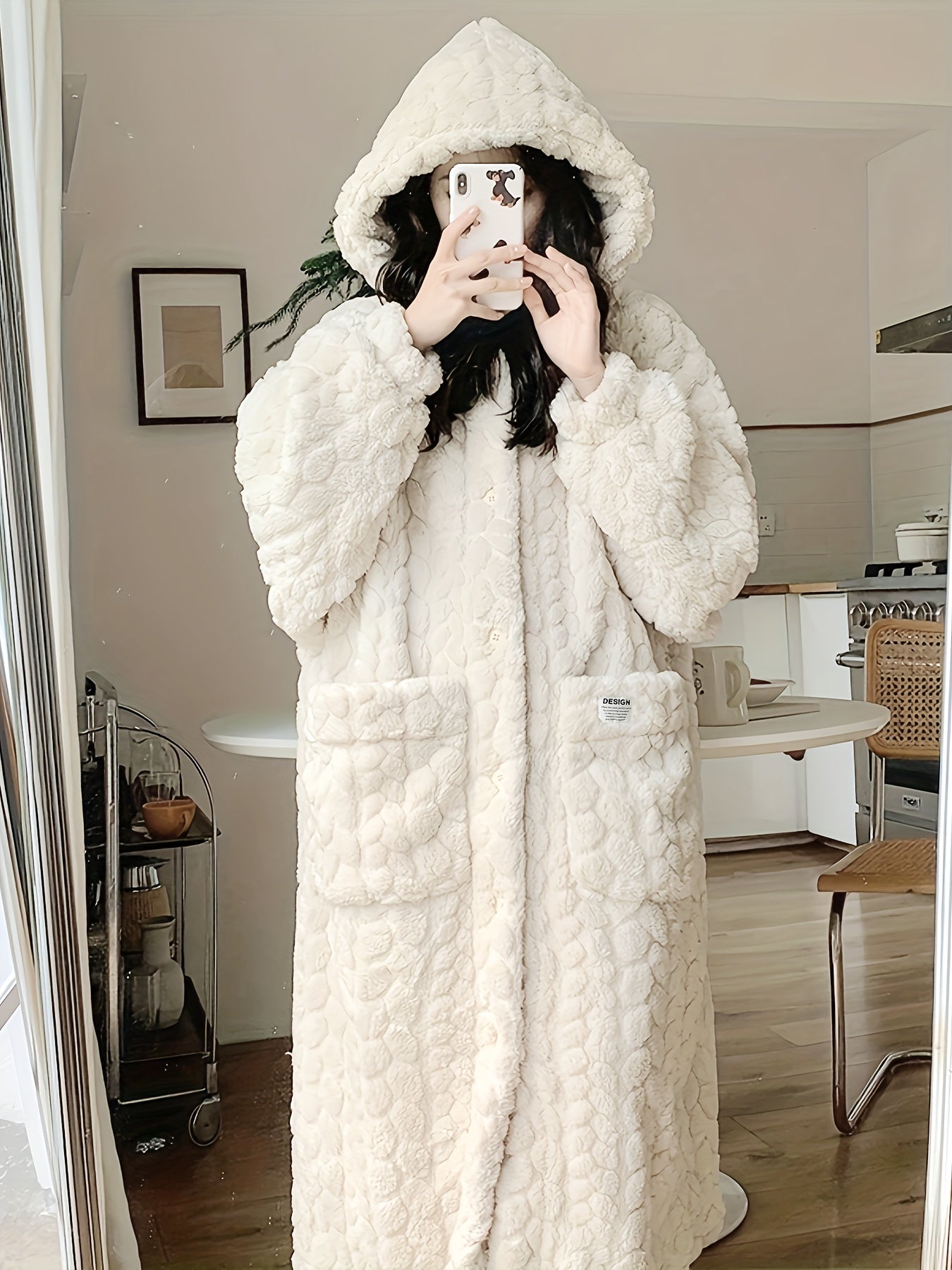 Women's Fleece Lounge Robe with Hood Pockets Long Sleeves Fall Winter Casual