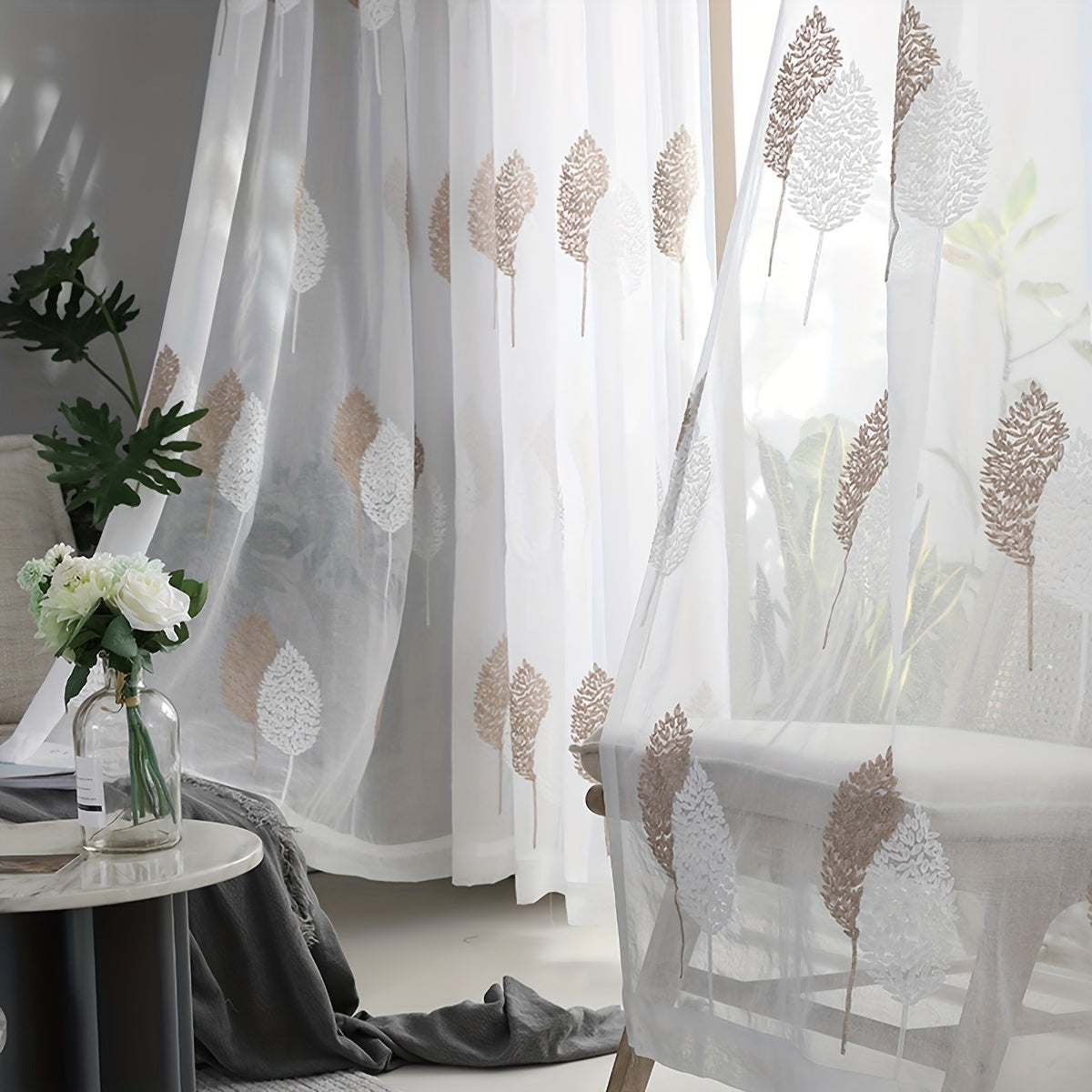 Sheer Leaf Embroidered Curtain with Rod Pocket for Living Room or Bedroom