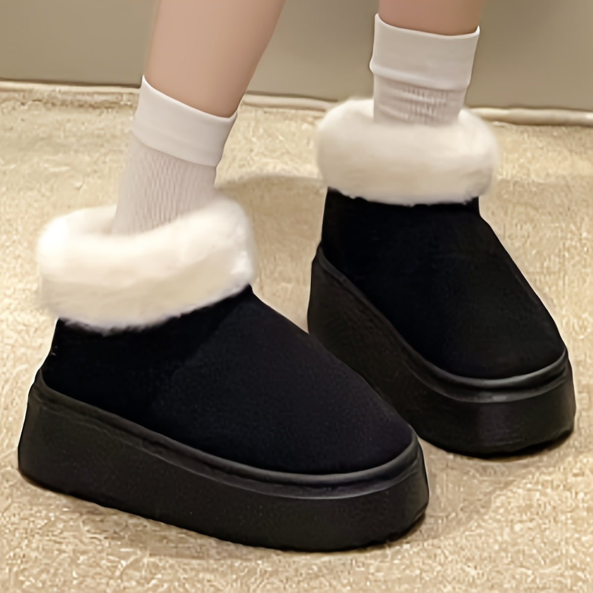 Women's Winter Slip-On Boots Soft Fabric Faux Fur Black Brown