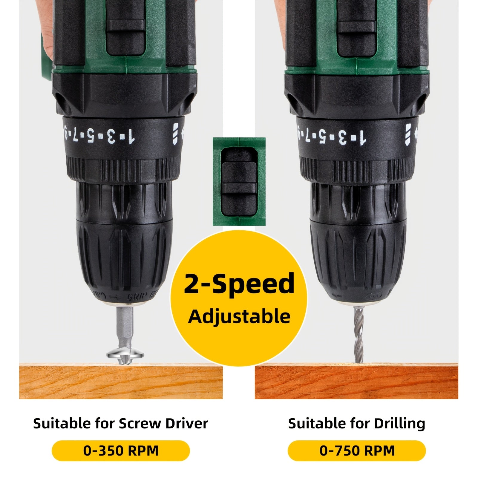 21V Cordless Drill with Rechargeable Lithium-Ion Battery 2-Speed 25+1 Torque LED Light for DIY Home Garden