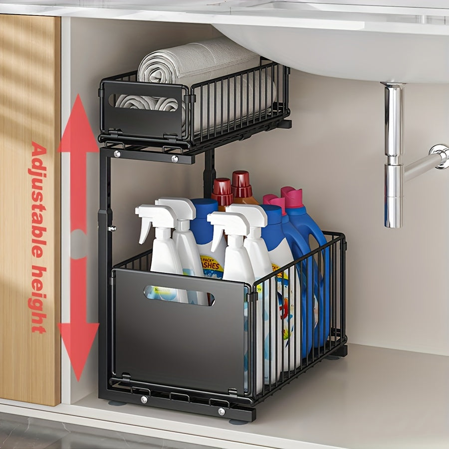 Black Metal Under Sink Organizer 2-Tier Pull-Out Shelf for Kitchen Bathroom Storage