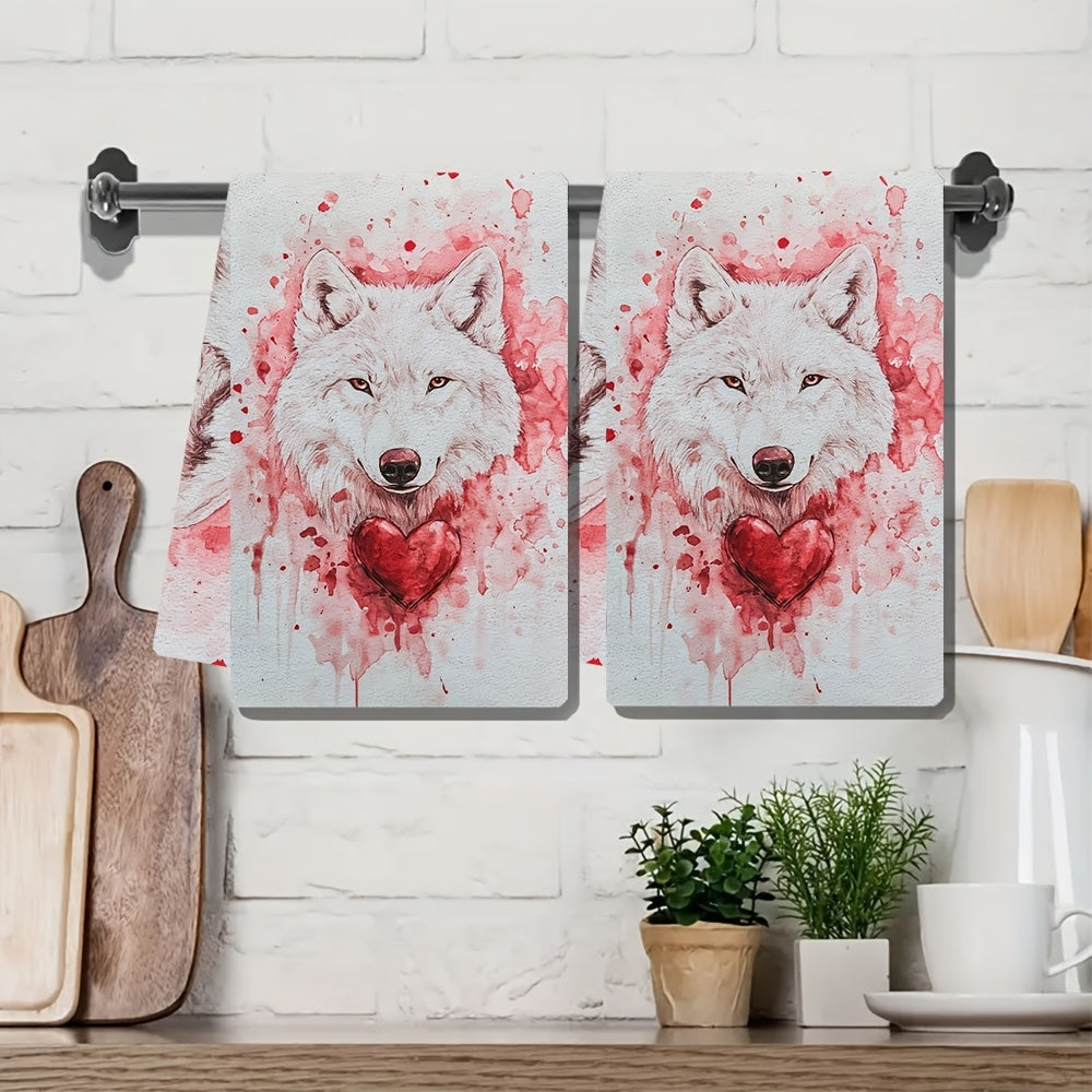 Qizil yurak bilan Valentine’s Day Wolfy dizayni bilan 2 ta oq oshxona sochiq to'plami