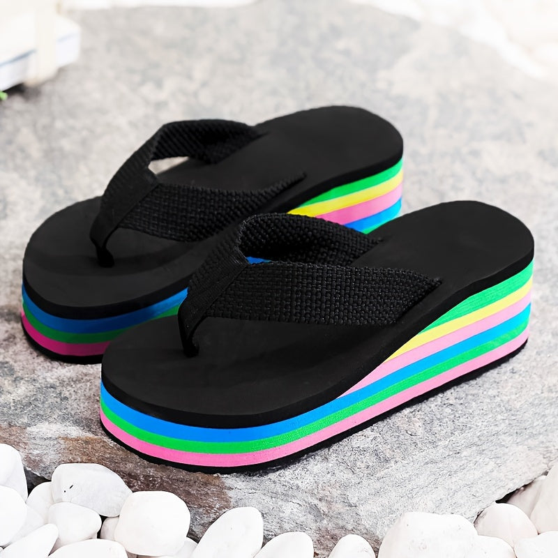 Women's Summer Flip Flops with High Heels and Rainbow Sole for Seaside Vacation
