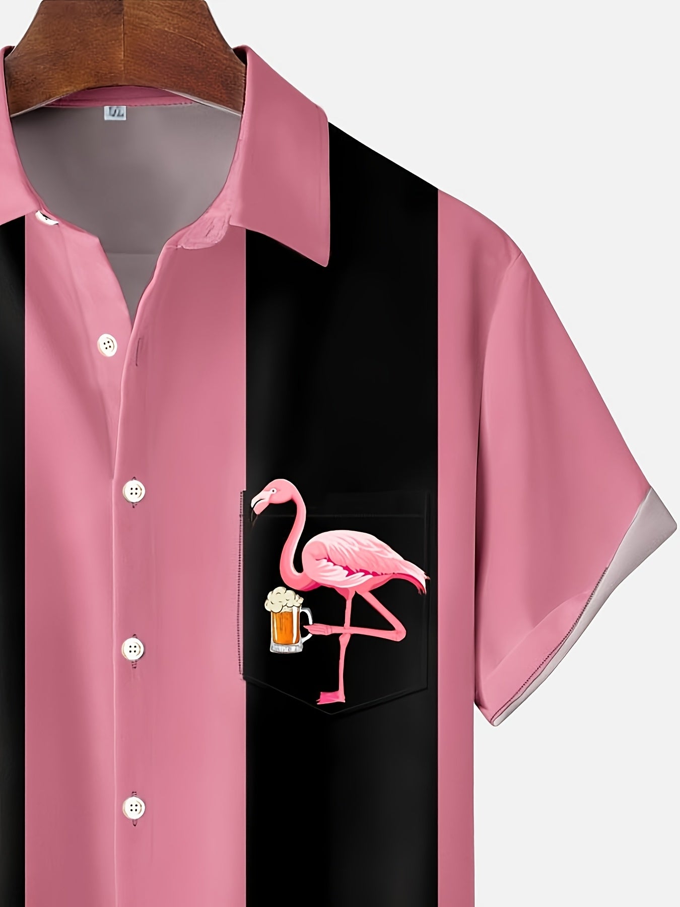 Men's Large Hawaiian Aloha Shirt with Stripes Flamingo and Beer Print Short Sleeve Buttoned Pocket