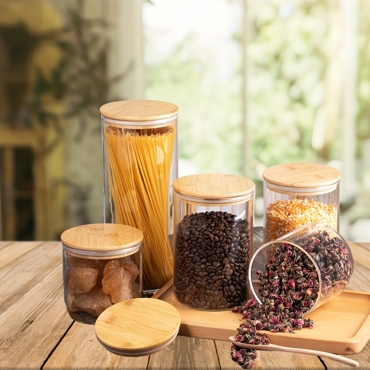 Set of 5 Glass Food Storage Jars with Bamboo Lids, Airtight, Large Capacity