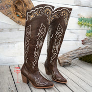 Women's Brown Floral Western Boots with Zipper and Chunky Heel