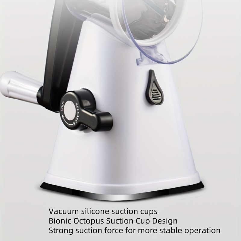 Rallador de queso de mano con mango de seguridad y base de succión fuerte, 3 cuchillas de acero inoxidable para rallar nueces, zanahorias, frutas y patatas