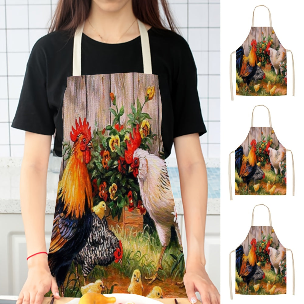 Linen Apron with Soft Rooster Print and Thickened Waist for Kitchen and Housework