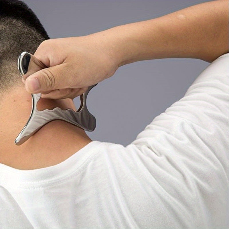 Stainless Steel Bone-Shaped Gua Sha Tool for Facial and Body Massage with Faux Leather Pouch