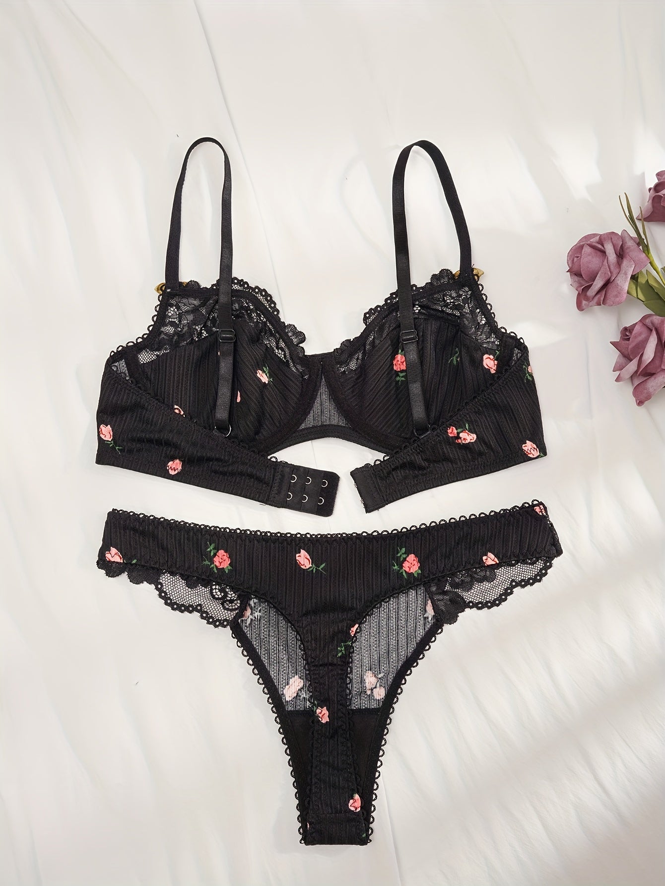 Women's Floral Print Lace Push-Up Bra Set with Thong Lingerie
