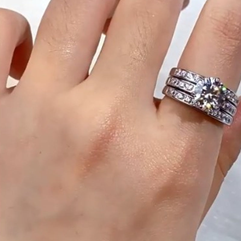 Juego de anillo de compromiso de moissanita de 3 piezas con circonia de corte redondo de 5ct en plata de ley para bodas y aniversarios