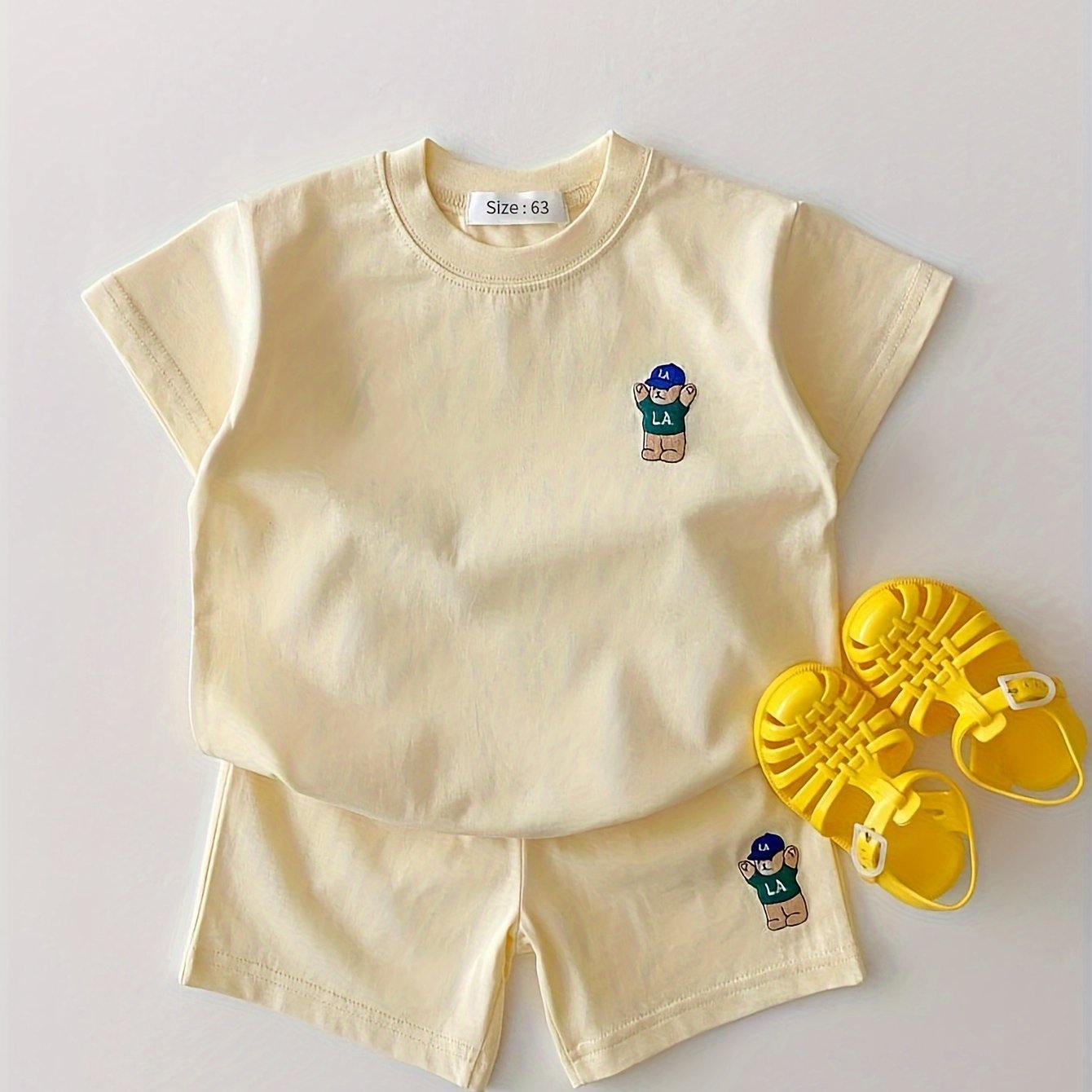 Детский комплект шортов повседневных из хлопкового смесового материала с коротким рукавом, мультяшный медведь, лето, для мужчин, женщин и детей