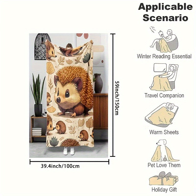 Hedgehog Flannel Throw Blanket All-Season Soft Cozy Hypoallergenic with Autumn Leaves Design