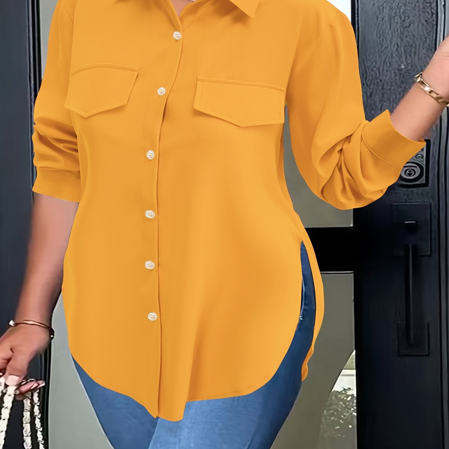 Plus Size Woven Polyester Blouse with Curved Hem, Button Front and Collared