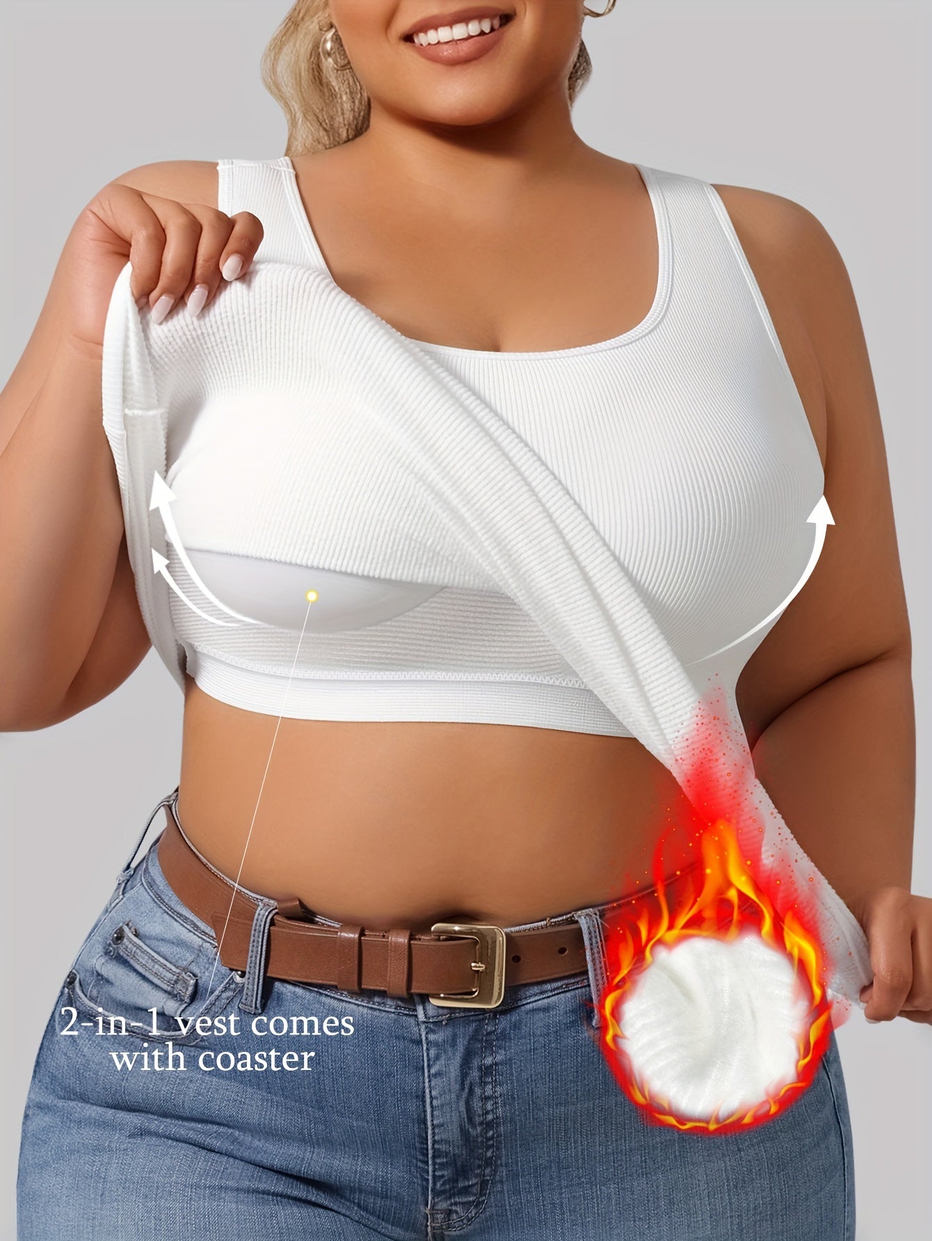 Plus Size Women's Ribbed Thermal Vest with Built-in Cup Pads for Autumn Winter