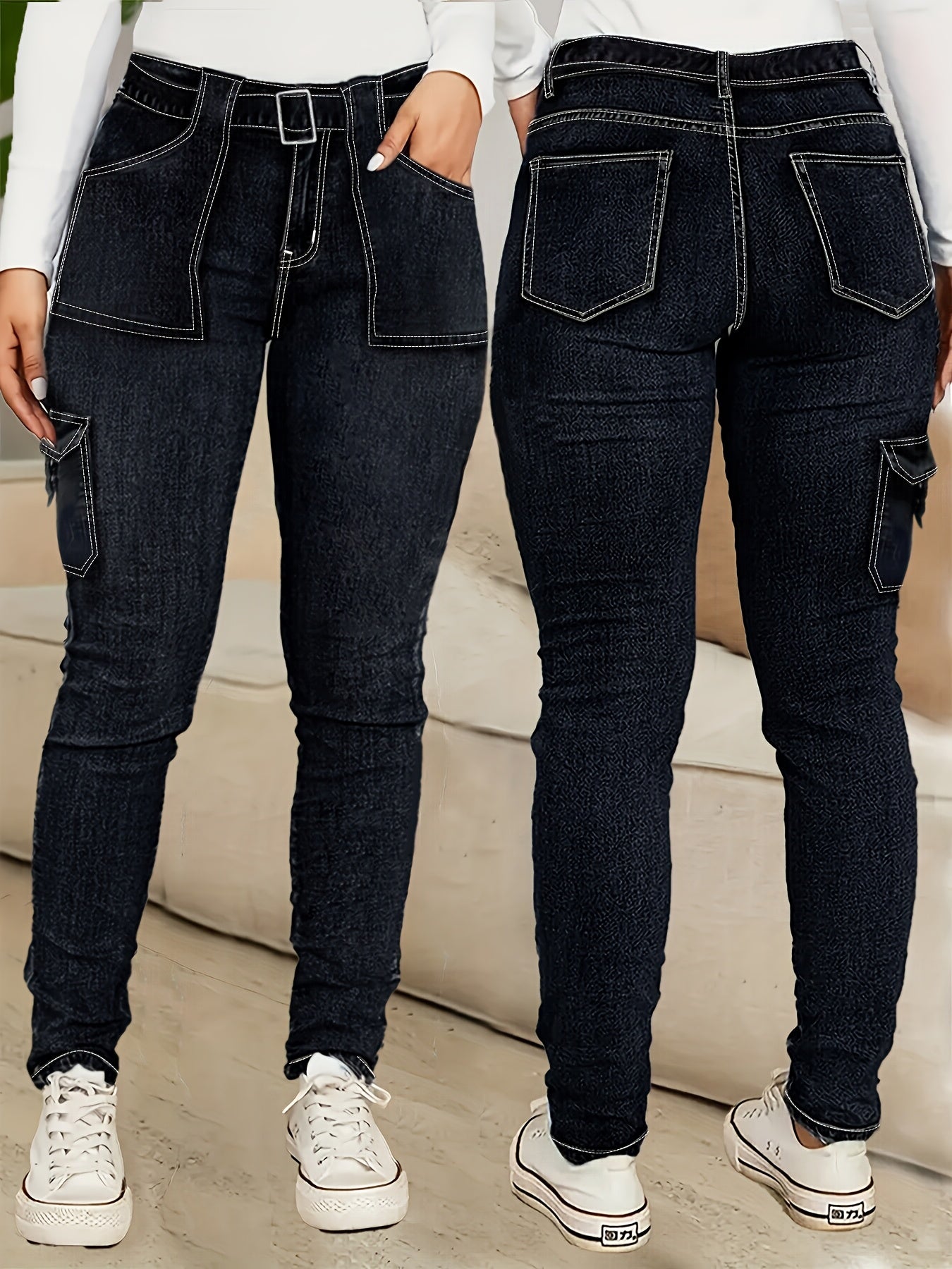 Women's Plus Size High-Waisted Skinny Jeans Dark Navy All-Season Stretch Casual Pants