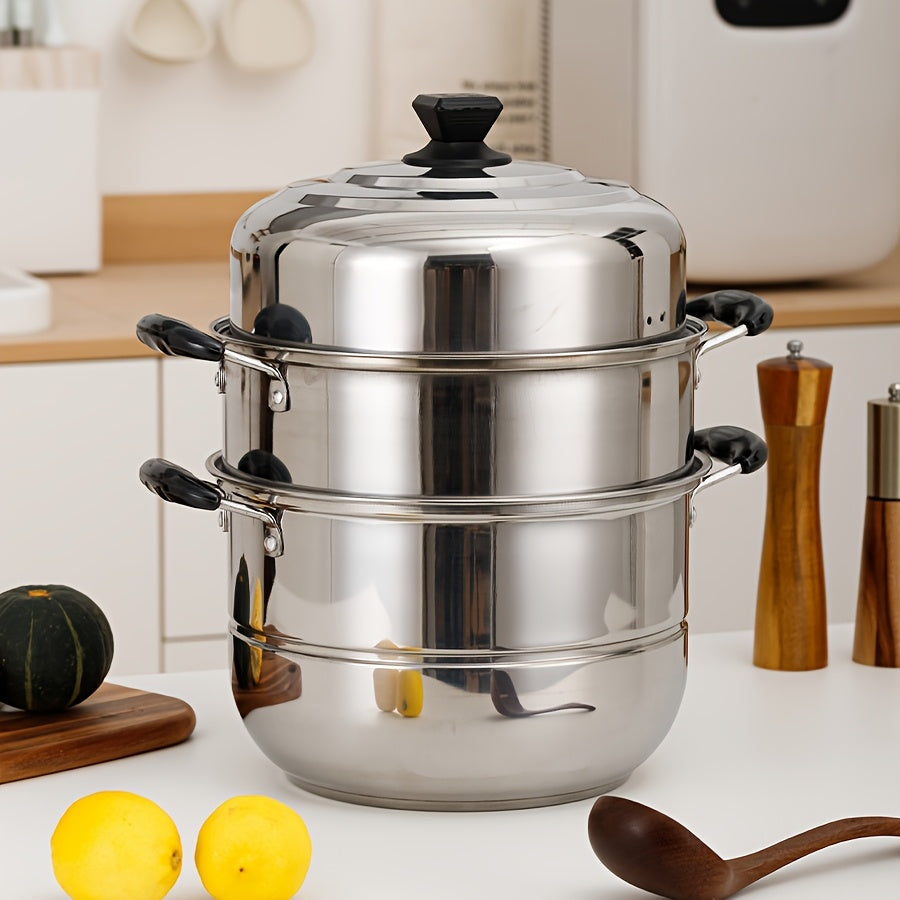 Stainless Steel 3-Tier Steamer Set with Double Boiler, 4 Pieces for Cooking Dumplings