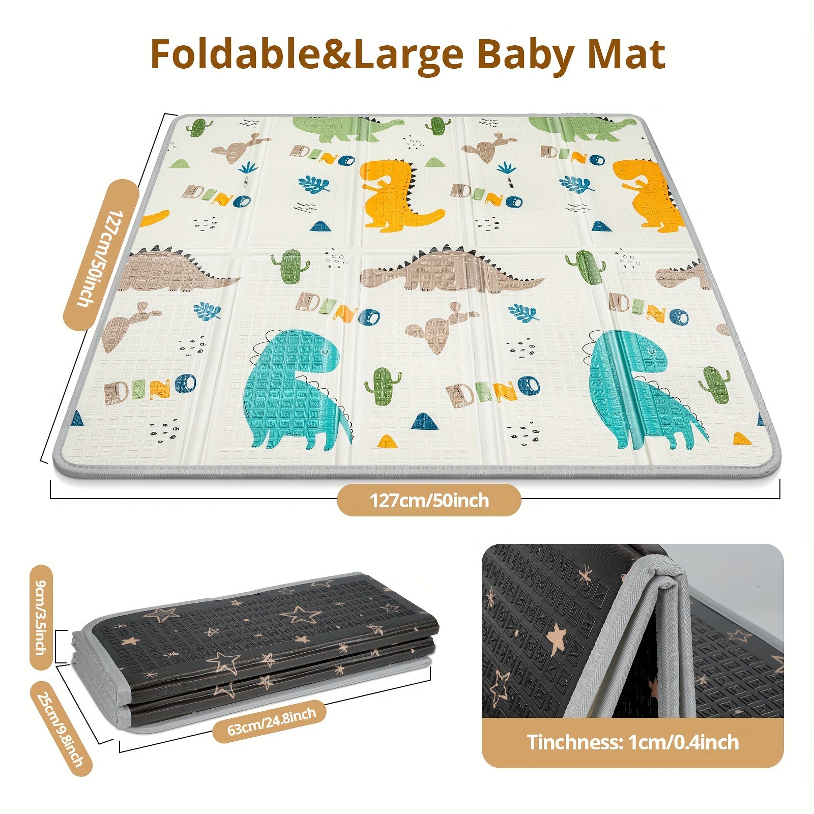 Reversible Seahorse and Stars Play Mat Waterproof Foam Safety Pad 127cm with Fence