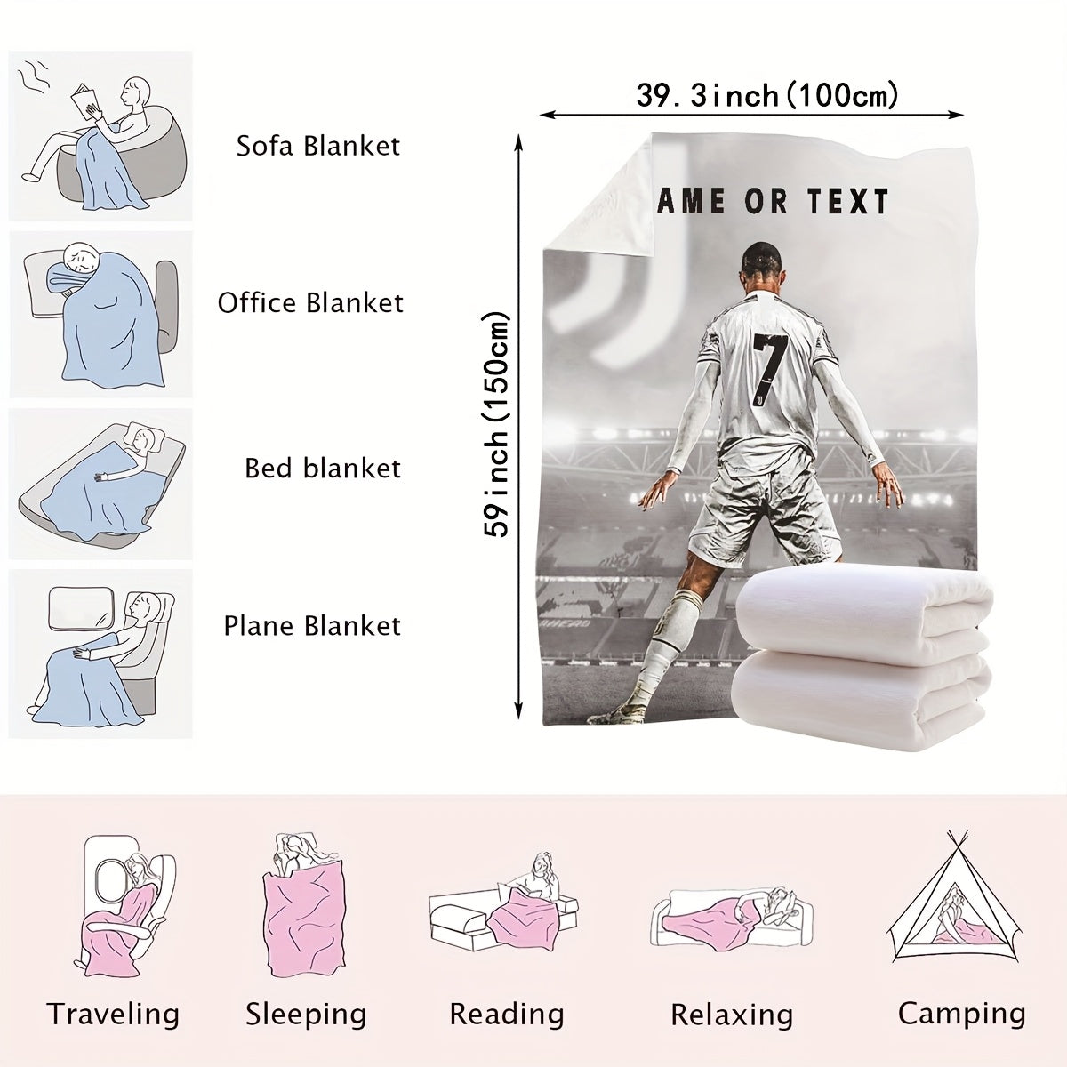 Personalized Football Player Print Flannel Blanket for Bed Sofa Camping Travel