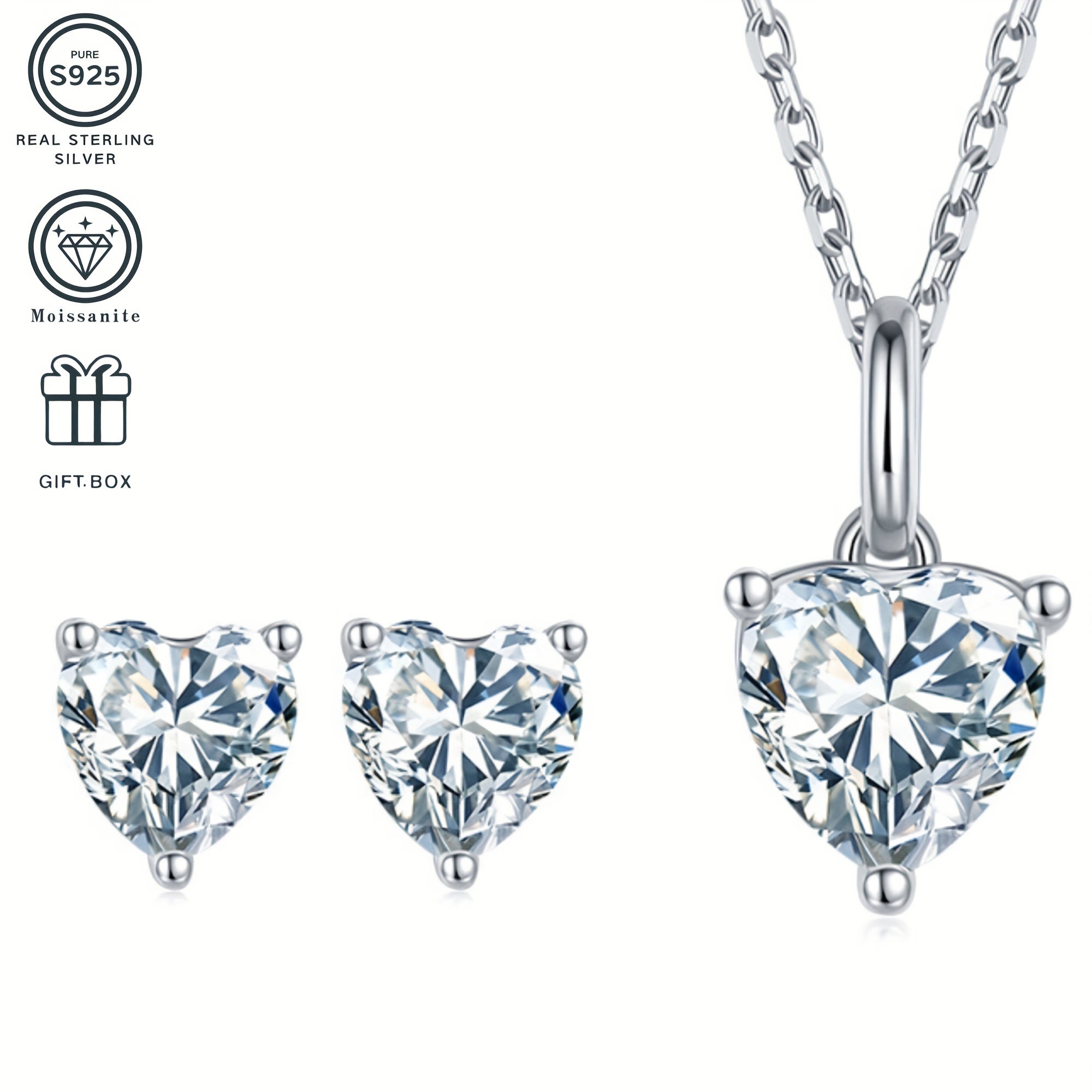 925 Silver Plated Jewelry Set Heart-Shaped Moissanite Necklace Earrings Wedding Festival Gift Box