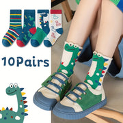Boys' Dinosaur Pattern Crew Socks 10 Pairs All-Season Cotton Blend