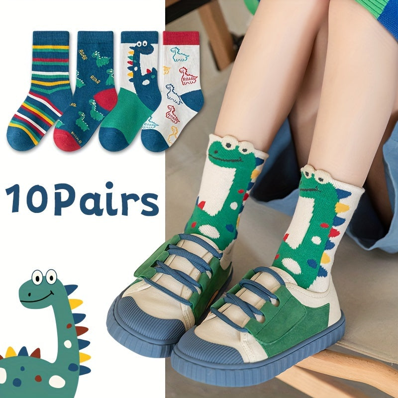 Boys' Dinosaur Pattern Crew Socks 10 Pairs All-Season Cotton Blend