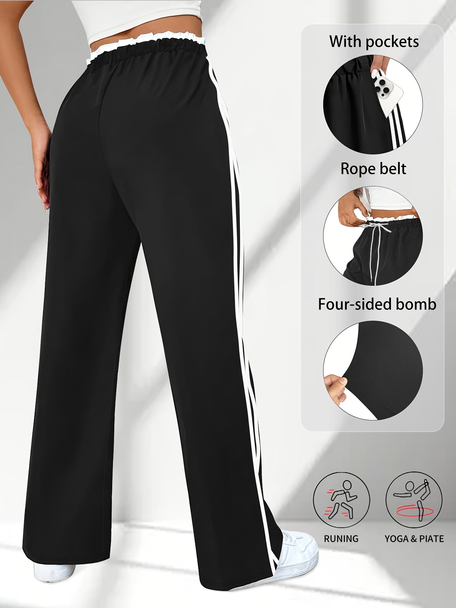 Women's Plus Size High-Waisted Side Stripe Joggers Light Beige Yoga Workout Drawstring