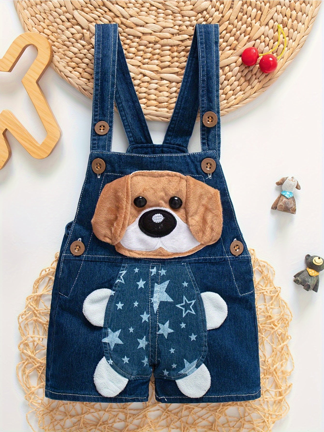 Boys' Denim Overalls Summer Shorts with Embroidered Dog Animal Pattern Breathable Cotton Blend Regular Fit