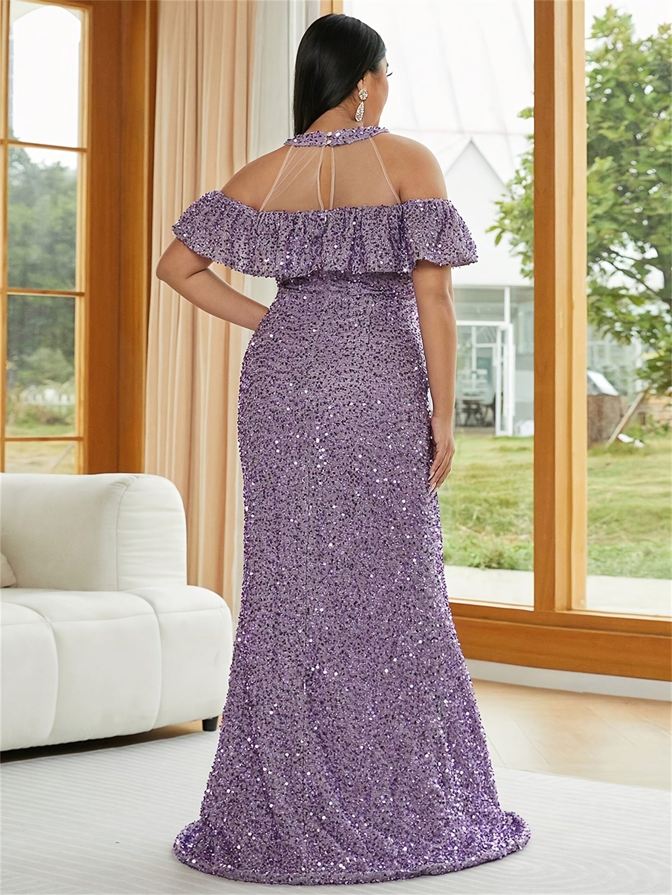 Plus Size Women's Off Shoulder Sequin Halter Dress Ruffle Long Sleeve Purple Evening Gown
