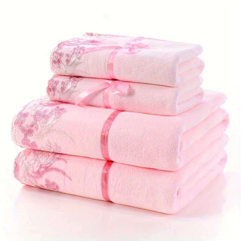 Lace Embroidery Towel Set 4-Piece Bath and Hand Towels Soft Absorbent