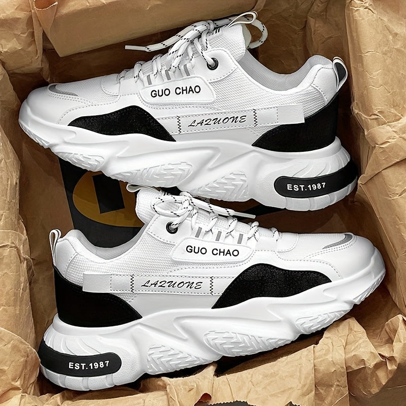 Men's Solid Color Chunky Sneakers Non-Slip Lace-Up Casual Running Shoes