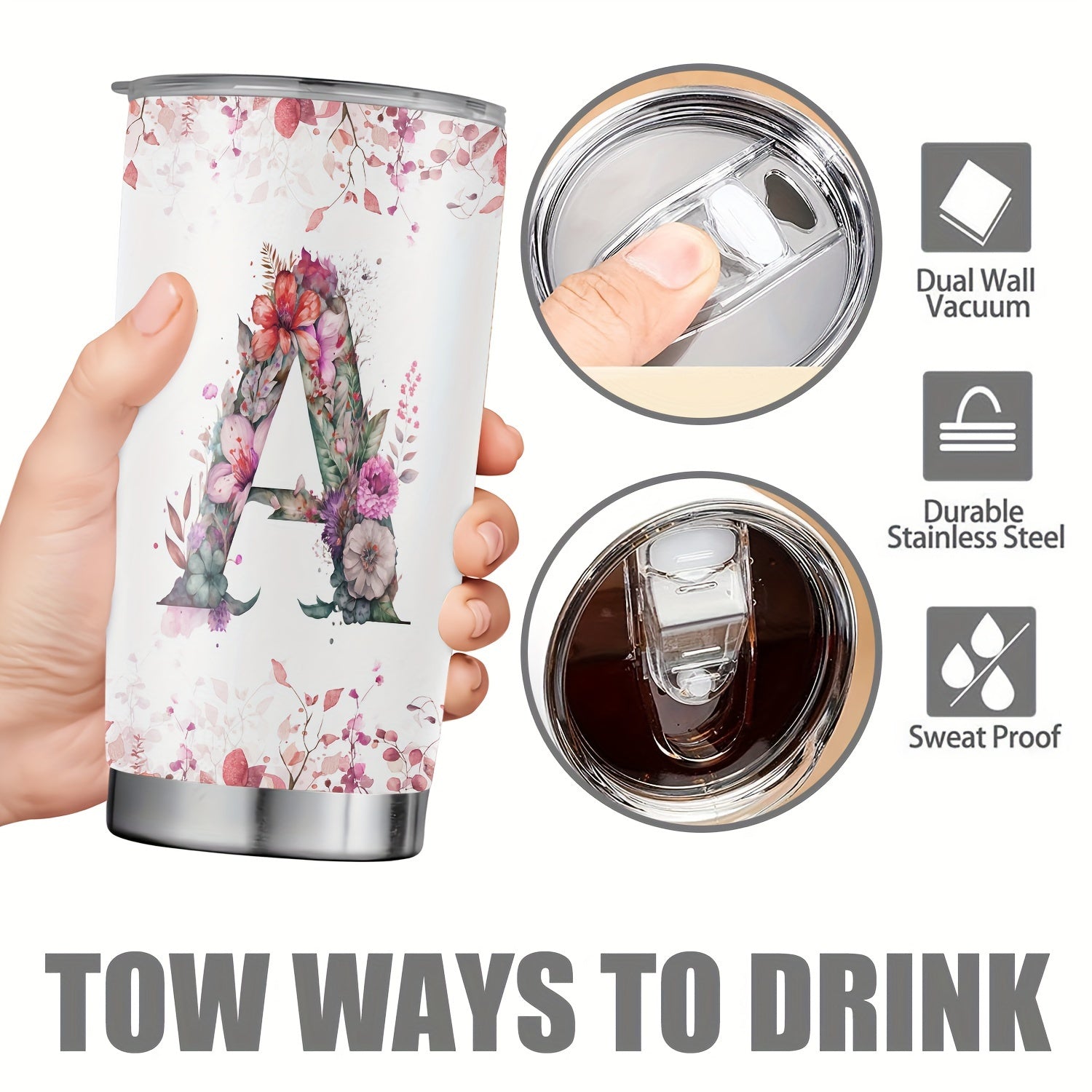 Shaxsiylashtirilgan Ism va Gul Dizayni bilan 20oz Izolyatsiyalangan Rostdan Oltin Terilgan Qattiq Po'latdan Tumbler