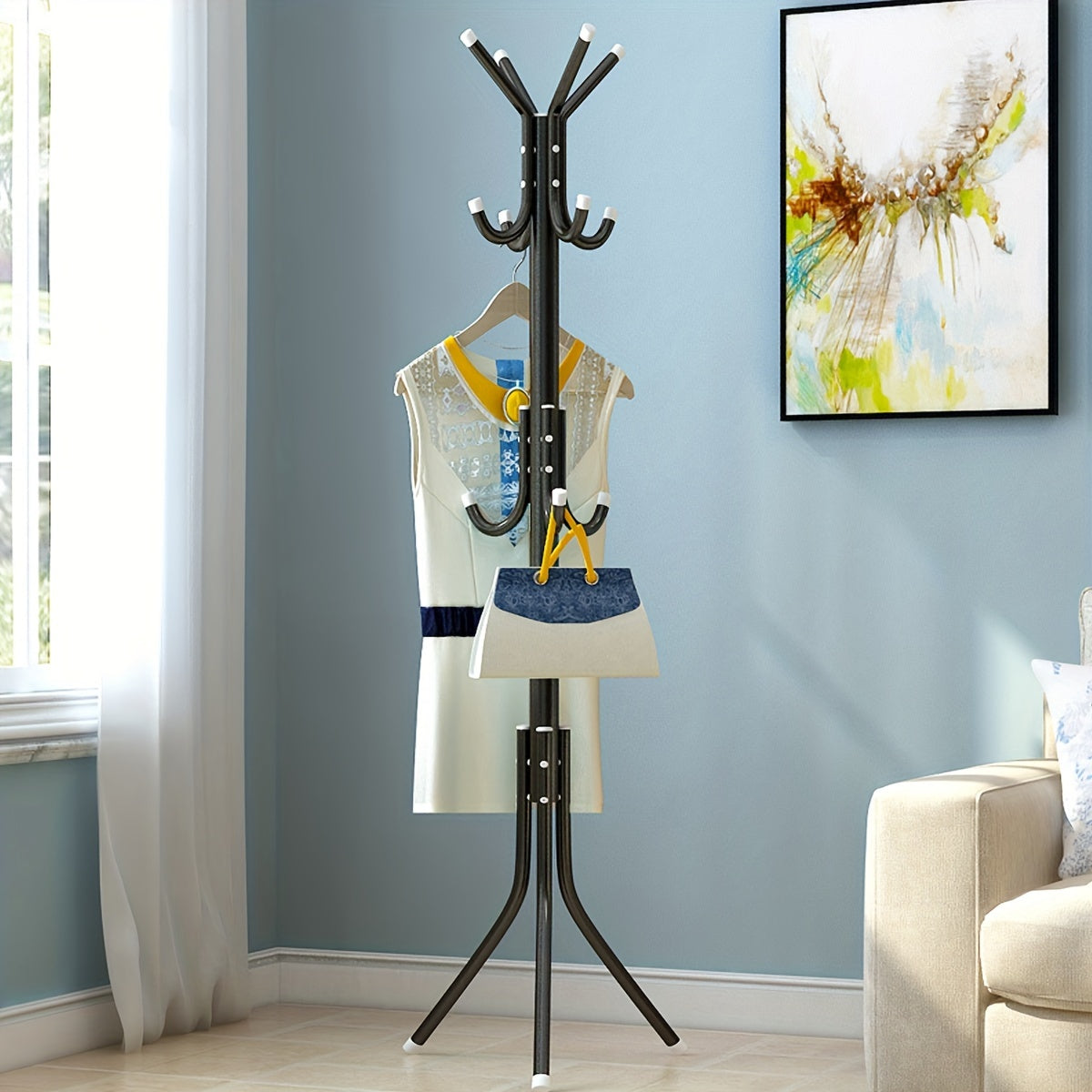 Metal Coat Rack Stand with Multiple Hooks, Modern Iron Hall Tree for Clothes and Handbags