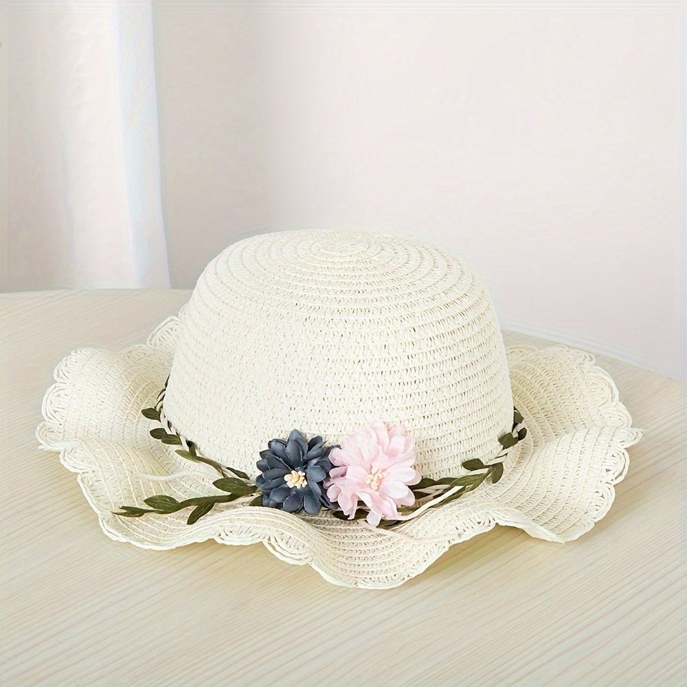 Girls' Straw Hat Set with Flower Decoration and UV Protection for Summer Beach Vacation