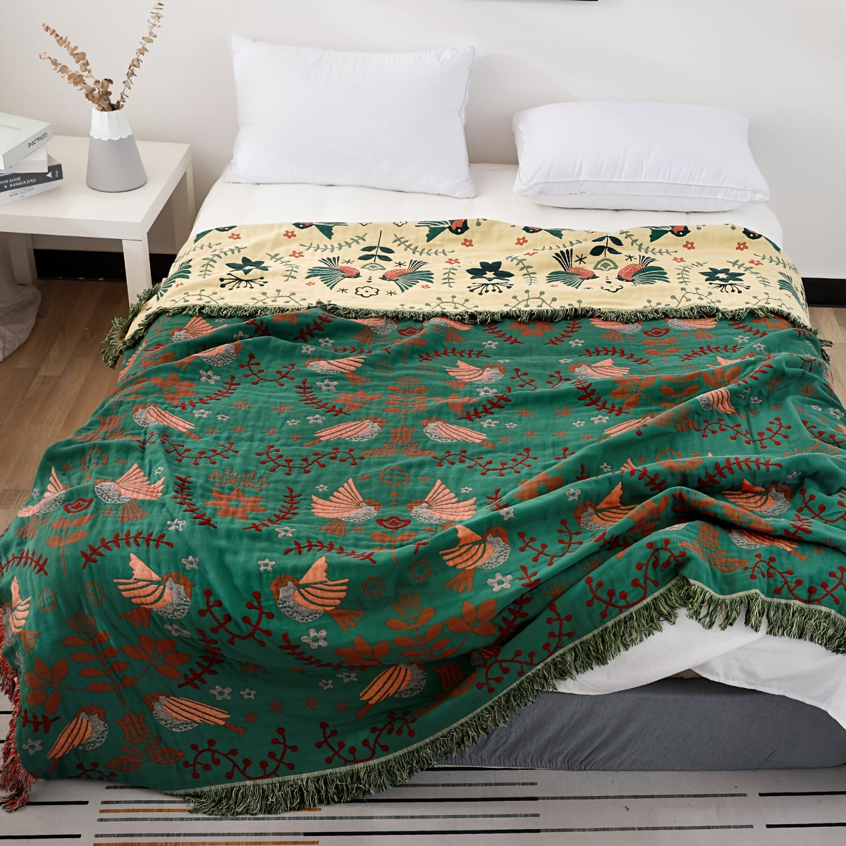 Cotton Gauze Throw Blanket with Spring Bird and Leaf Pattern for Sofa Bed Farmhouse Decor