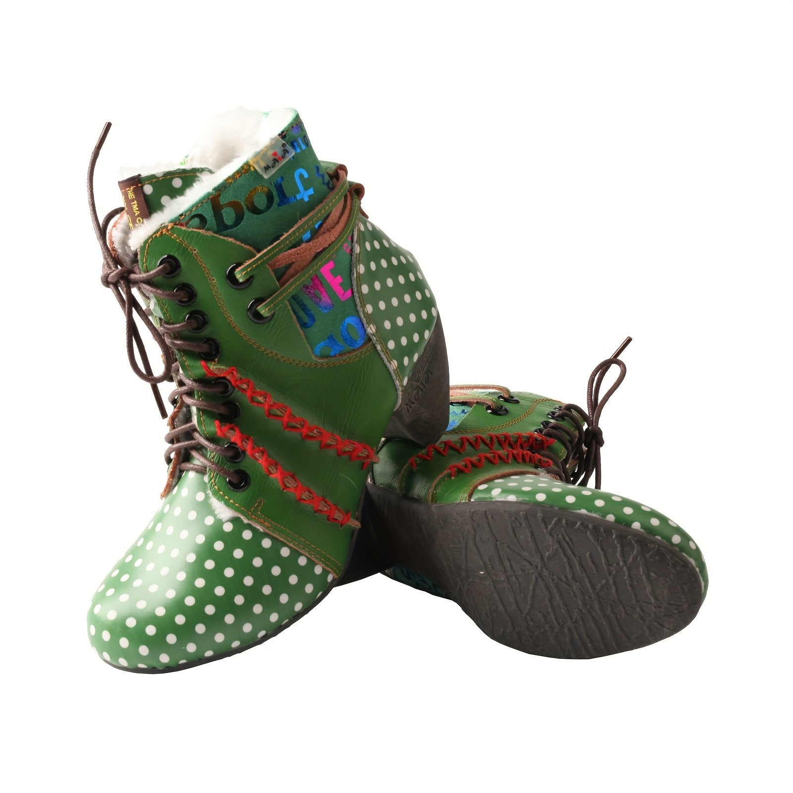 Women's Winter Ankle Boots Leather Mid Heel Lace-Up with Print