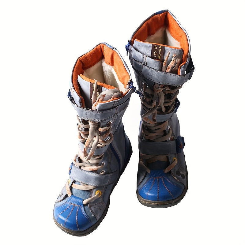 Women's Retro Leather Mid Heel Boots Lace Up Side Zipper Casual