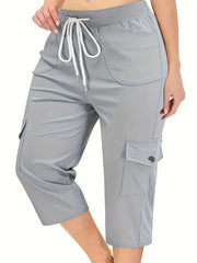 Pantalones cortos cargo para mujer de talla grande, negros, de corte holgado, con cordón y cintura elástica