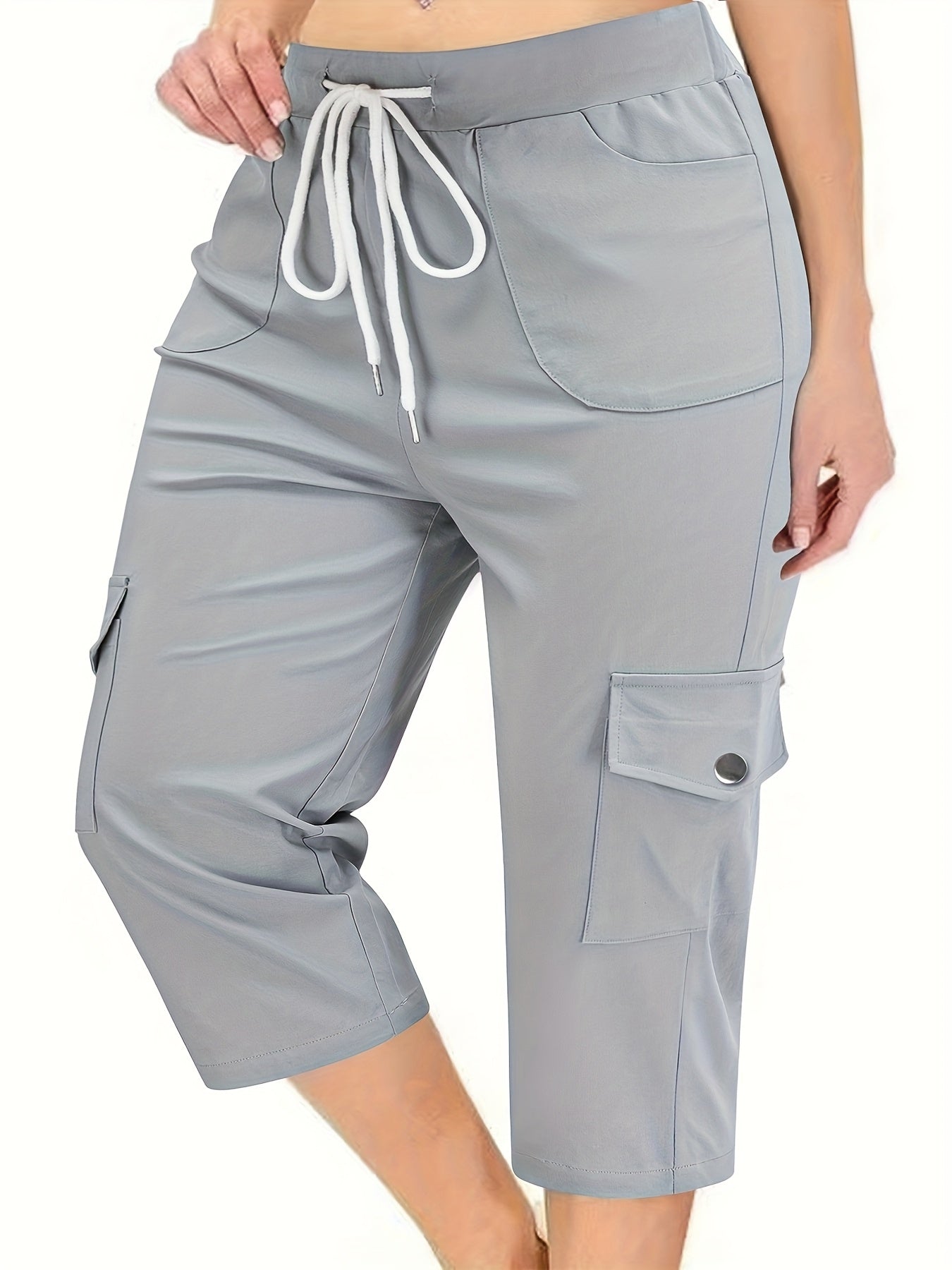 Pantalones cortos cargo para mujer de talla grande, negros, de corte holgado, con cordón y cintura elástica