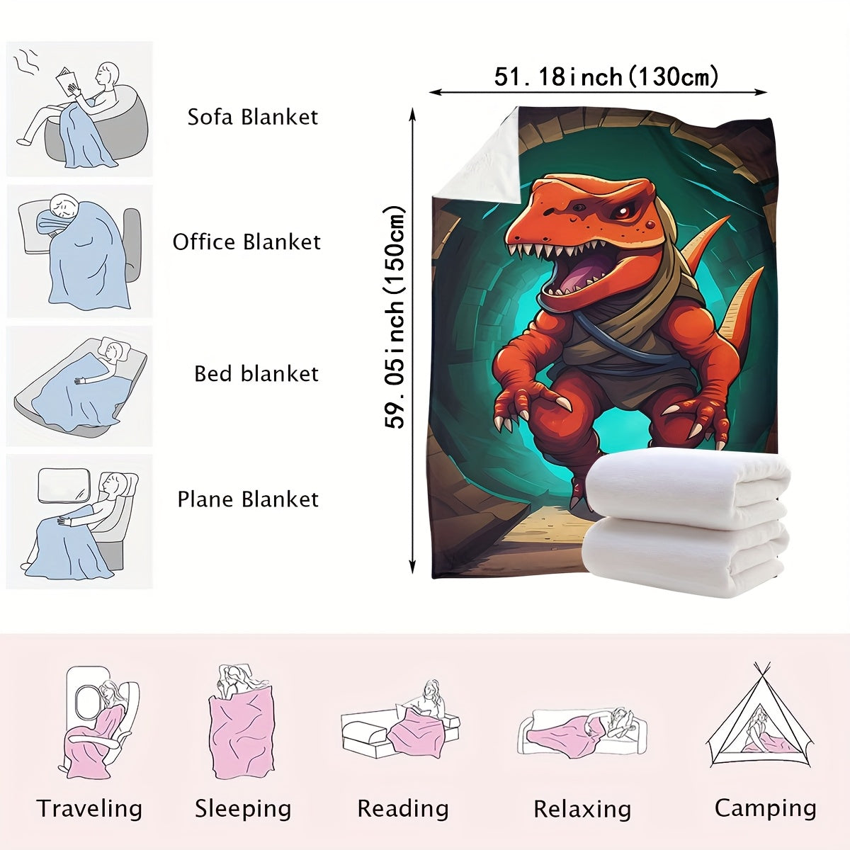 Cartoon Dinosaur Print Knitted Polyester Throw Blanket for Kids and Adults