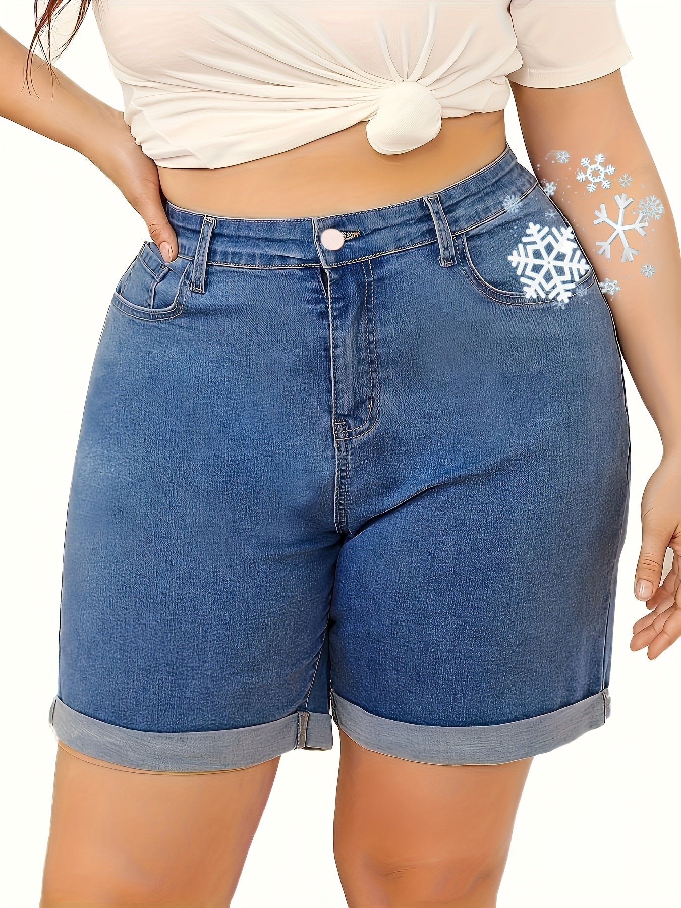 Women's Plus Size Denim Shorts High Waist Stretch Summer Rolled Hem