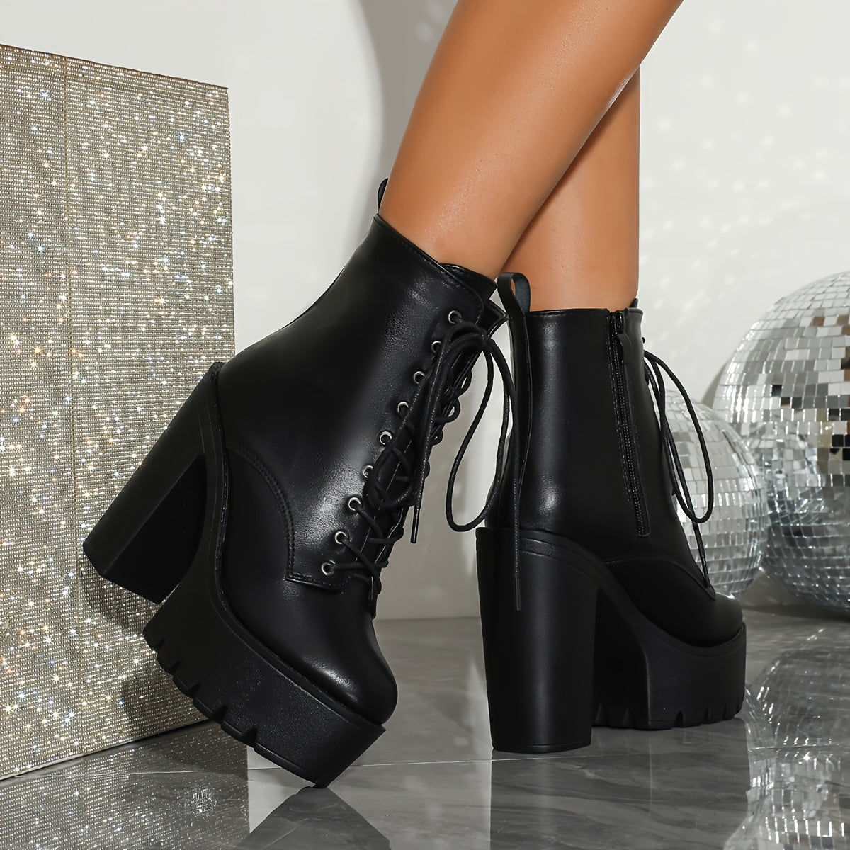 Women Ankle Booties Platform Chunky Heel Black Solid Color Lace-Up Non-Slip Dress Shoes