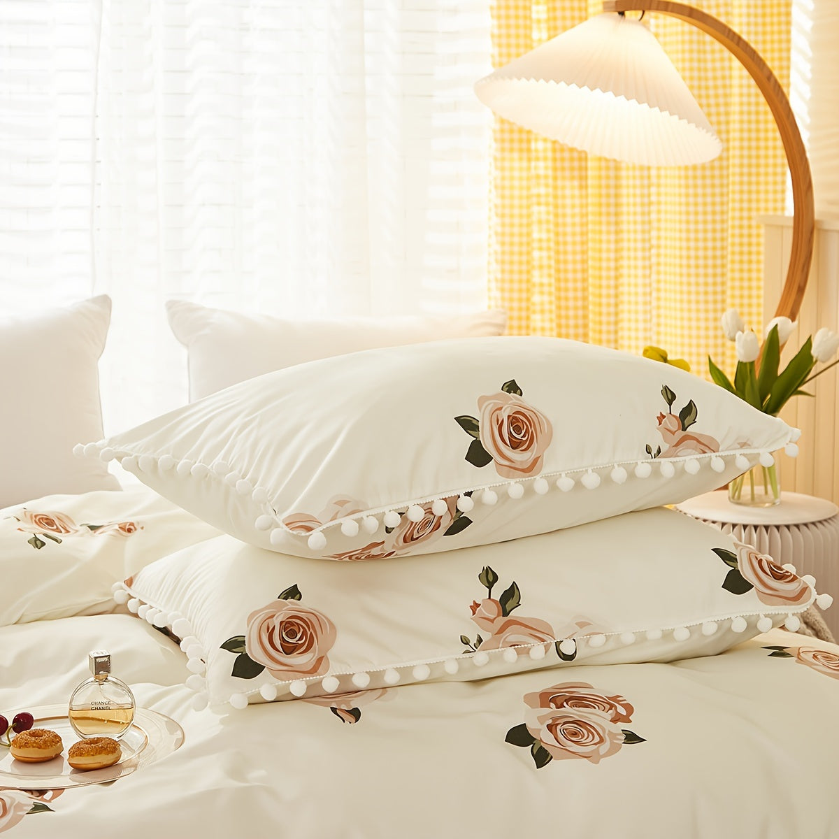 Set of 3 Pastoral Flower Print Duvet Cover Set with Pompom Details Soft Cozy Bedding for Bedroom or Guest Room