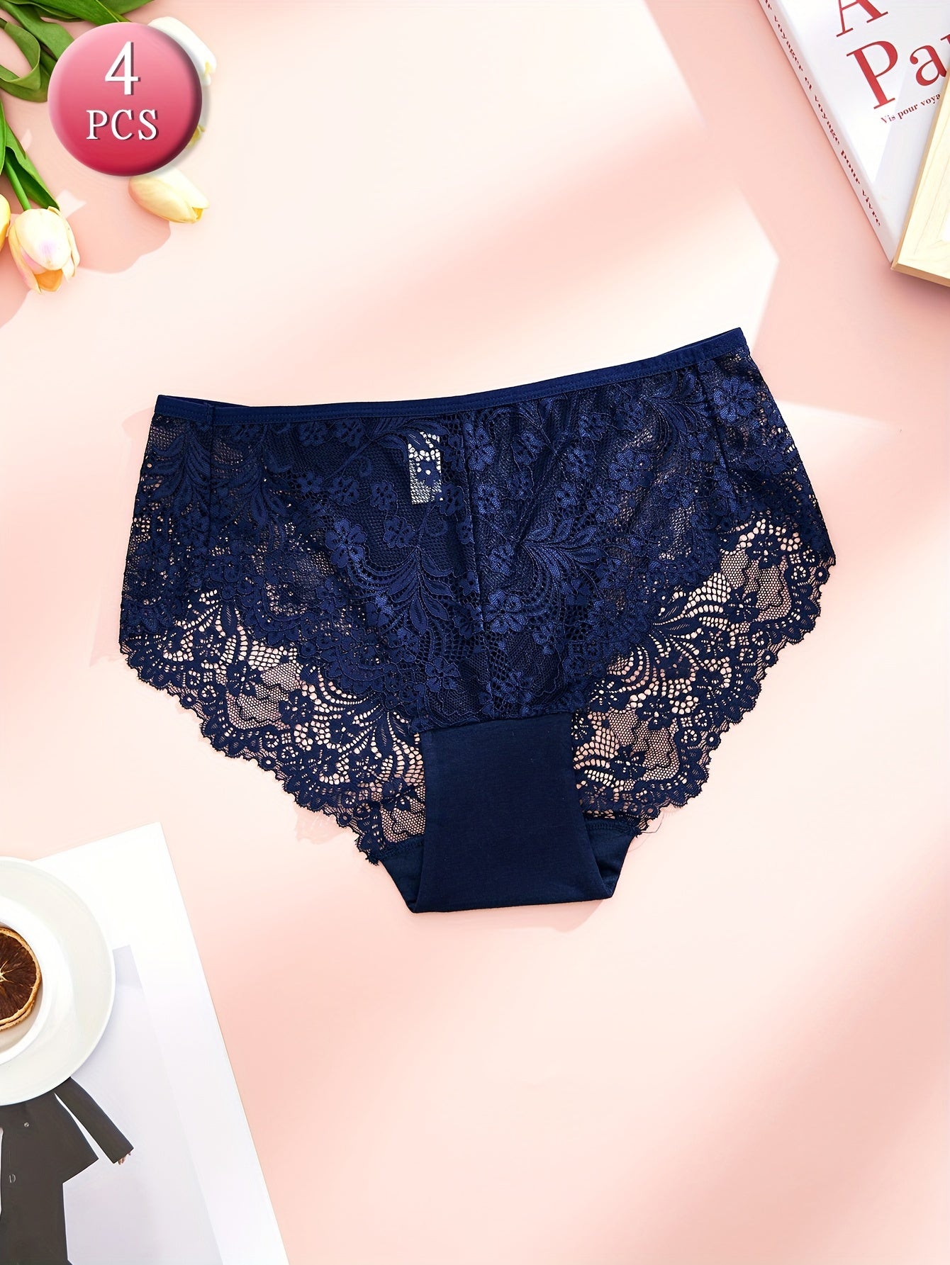 Women's Plus Size Floral Lace Briefs 4 Pack Breathable Stretchy Panties