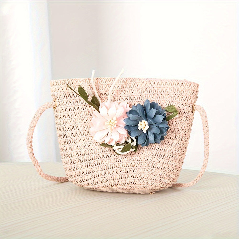 Girls' Straw Hat Set with Flower Decoration and UV Protection for Summer Beach Vacation